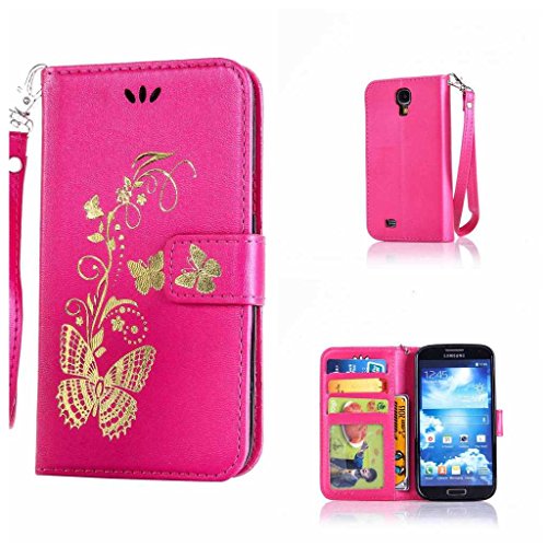 Galaxy S4 Hülle Ledertasche [mit Frei Hartglas Displayschutzfolie], KKEIKO® Schutzhülle PU Leder Tasche Hülle Case für Samsung Galaxy S4, Wickelfalz Handyhülle mit Bändselloch Standfunktion Karteneinschub und Magnetverschluss, Kratzfeste Lederhülle Flip Wallet (Pink #4)