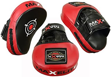 Maxx BOXING GLOVES & LEATHER CURVED FOCUS PADS MMA Boxing PINK Black White Red Martial ART Kick Boxing (Black Red, One Size)