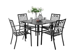 PHIVILLA PHI VILLA 5 Piece Metal Patio Outdoor Garden Furniture Set - 94cm Square Bistro Table and 4 Garden Chairs with Armrests, Table with 4cm Umbrella Hole, Black