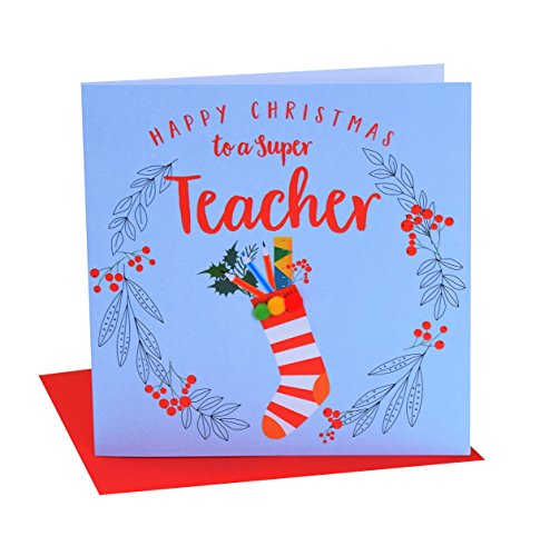 Happy Christmas Teacher Card, laurel wreath design xmas Greeting Card for a Super Teacher, Embellished with Colourful Pompoms