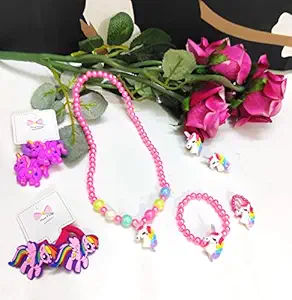 KIDOS JOY Funky Unicorn Jewelry Set Combo for Girls / Necklace, Bracelet, Ring, Earrings with Unicorn Hair Clips/ Birthday Party Favor Gifting Option ( 6-1 Unicorn Combo) (Dark Pink)