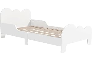 AIYAPLAY Cama para Niños de +3 Años 140x70 cm Estructura de Cama Infantil Tema de Nubes con Barandilla para Dormitorio Blanco