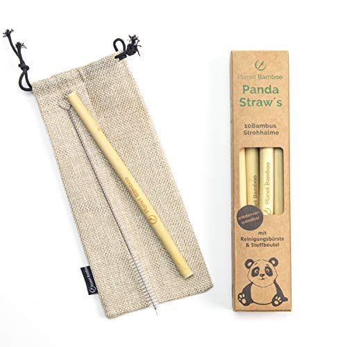 Planet Bamboo: Pajitas de bambú (10 piezas | 18 cm | extra gruesas) incl. cepillo de limpieza y bolsa de tela