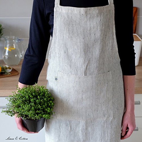 Linen & Cotton Schürze, Küchenschürze, Kochschürze, Grillschürze ''LIVI'', 100% Leinen (Stonewashed) - 70 x 100cm, Streifen Weiß/ Schwarz