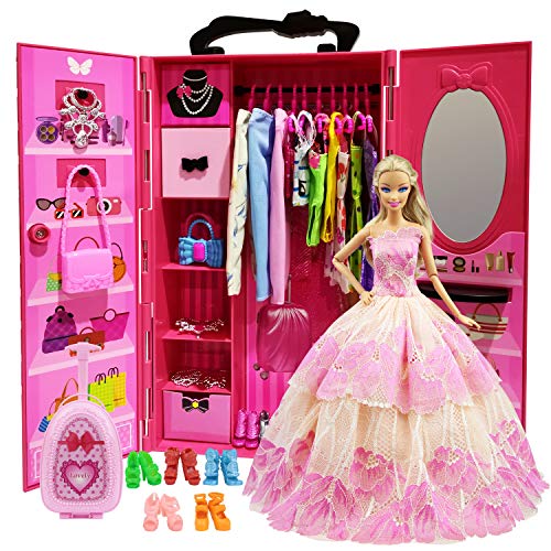 ZITA ELEMENT 51PCS Armoire pour Poupées 11,5 Pouces Poupées -1 Armoire 1 Valise 2 Vêtements de Loisirs 2 Maillots de Bain 2 Robes 3 Mini Robes 10 Colliers 10 Chaussures 10 Sacs Cintre 10 Sac à Main