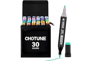 CHOTUNE Rotulador,Marcadores Alcohol de 30 Colores,Ultimo Modelo de Punta fina y punta de pincel Markers con Base y Maletín de Transporte,Adecuado para cómics, ilustraciones de anime o caligrafía
