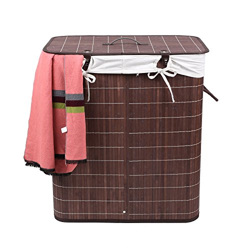 Femor Faltbar Wäschesammler Bambus Leinen 100L – 54x33x59.5 cm Wäschekorb Wäschebox Wäschetruhe mit Deckel&Wäschesack (Braun) - 3