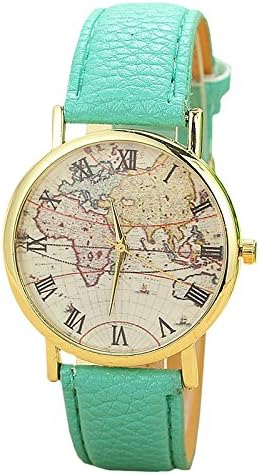 Unisex Watch Roman Numbers World Map, Aeroplane, Gold Leather Strap, Blue