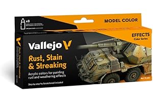 Vallejo Model Color Set Peinture Acrylique Rouille, Taches et Traînées - Kit de 8 Couleurs Mat 18 Ml avec Compte-Gouttes et Carte de Couleurs pour Effets d'Oxyde et Salissure