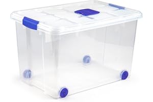 KINGNET Cajas Almacenaje Plástico con Tapa y Cierre a Presión, Cajas Oranizadoras Transparente, Perfecta para Almacenar Ropa, Juguete, Libro y Productos de hogar (Nº4-55Litros, Unidad)