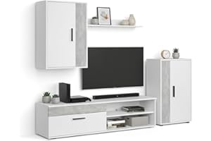 duehome | Mueble de Salón, Composición Modular de TV, Modelo: Lunet 190, Acabado en Blanco y Microcemento, Medidas: 140 cm (Largo) x 35 cm (Fondo) x 36,2 cm (Alto)