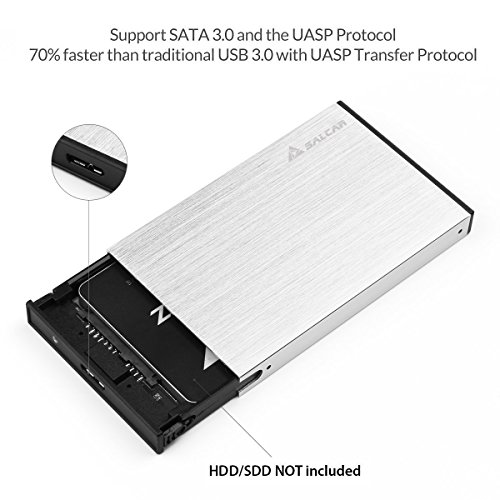 Salcar Aluminium Externes 2,5 Zoll Festplattengehäuse mit SATA 3 USB 3.0 Kabel SATA I/II/III 2.5″ HDD SSD Gehäuse Alugehäuse (Silber) - 2