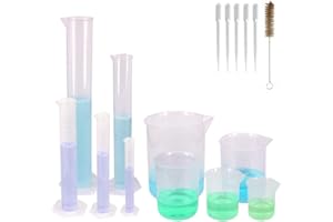 Belinlen 16 Pack Cylinders and Beakers Set, Including 5 Pack Clear Plastic Graduated Cylinders and 5 Pack Plastic Beakers Set with 5 Transfer Pipettes and 1 Test Tube Brushes