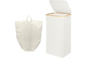 LAZY COOK Cesto Ropa Sucia Grande con Tapa 110L - Cubo Ropa Sucia Plegable con Bolsa Interior XXL - Cesto de Ropa con Asas de Bambú Perforado con 4 Botón para Evitar que la Bolsa se Deslice