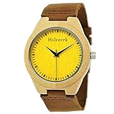Handgefertigte Holzwerk Germany® Designer Damen-Uhr Herren-Uhr Öko Natur Holz-Uhr Leder Armband-Uhr Analog Klassisch Quarz-Uhr in Braun Gelb Ahorn