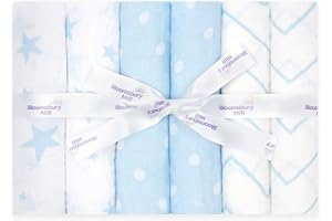 Bloomsbury Mill – 6er-Pack Mulltücher für Baby – 100% Reine Bio-Baumwolle – Sterne, Winkelmuster & Punktmuster – Blau & Weiß