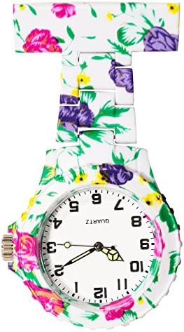 JCM-2102 - Classic Nurse’s Watch Clip Fob Watch Smock Nursing Quartz Pulse Watch Hanging Band Brooch Style Fashion Trendy Art Design Pattern - Meadow Flowers