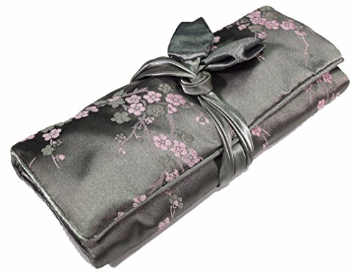Grey Pink Embroidered Floral Silk Make Up Bag/ Wrap /Jewellery Roll