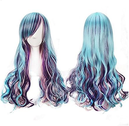 Women 28Inch(70cm) Long Curly Rainbow Fading Color Lolita Full Wig Cosplay Wig Halloween Party Daily Wig