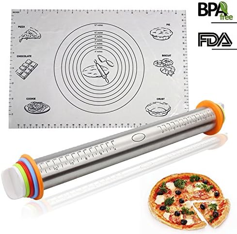 Stainless Adjustable Non-Stick Rolling Pin(23x4.5 cm,4 Adjustable Discs) &amp; Large Silicone Baking Mat(60x40cm,with Measurements ), Professional Grade Non Stick Non Skid Reusable Heat-resistant, BPA free and FDA and LFGB Approved