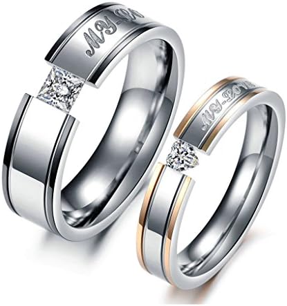 JSFYOU Stainless Steel "My Love" Couples Promise Engagement Rings Mens Ladies Wedding Bands (Black &amp; Silver, Gold &amp; Silver Tone) Women Size J 1/2 &amp; Men Size V 1/2