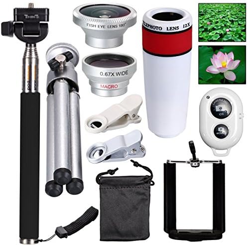 10in1 Handy Objektiv Set,12x Teleobjektiv Zoom+Weitwinkel Makro Objektiv+Fischaugen Objektiv+Selfie Stick+Mobile phone three tripods+bluetooth fernbedienung+Lens clips+Lens Cover+Portable bag(White)