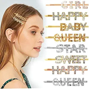 Sanas Hair Pins For Women Stylish 8 Pcs Hair Accessories For Girls Hair Clips Bobby Pins For Hair Stone Clips For hair Women Metal Pins For Girls Crystal Hair Accessories Letters Words Side Pins