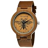 Handgefertigte Holzwerk Germany® Designer Damen-Uhr Herren-Uhr Öko Natur Holz-Uhr Leder Armband-Uhr Save The Bees Analog Klassisch Quarz-Uhr Braun mit Bienen Bienchen Bee Natur Motiv Limitiert