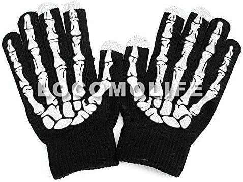 LOCOMO Men Women Girl Winter Hand Warmer iPhone iPad Samsung Galaxy Note Capacitive Touch Screen Knit Gloves Halloween Skull Skeleton Bones Five Fingers FAF043 Black White One Size