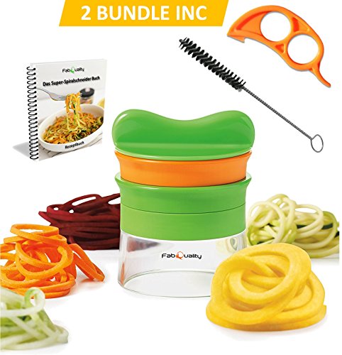 Premium 2 Klingen Spiralschneider Hand für Gemüsespaghetti kartoffel – mit BÜNDEL Kochbuch und enthält die Bürste für die Reinigung – FabQuality Zucchini Spargelschäler, Gurkenschneider, Gurkenschäler, Möhrenreibe Möhrenschäler, Gemüsehobel - 2