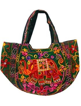 Indische Baumwolltasche grün Stickereien Spiegel Tasche Accessoire