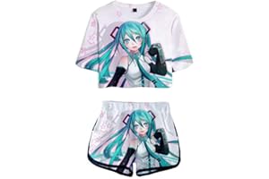 WANHONGYUE Anime Vocaloid Hatsune Miku 3D Printed T-Shirt Crop Top and Shorts Summer Two Piece Outfit Set for Women Girls
