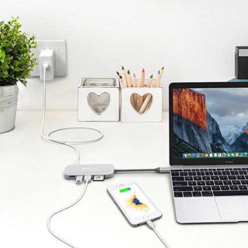 HooToo USB-C Hub Type-C Hub mit drei USB 3.1 Gen 1 Anschlüssen, HDMI, SD-Kartenleser (Stromversorgung für type-c Aufladung, Plug und Play, Aluminiumlegierung) für 2016 Macbook und Chromebook Pixel, Silber - 5