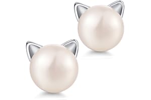 Miaofu Gatto Orecchini,Carino Gatto Orecchini,Orecchini Perla Argento 925, Naturale d'Acqua Dolce Perle 7.5-8mm, Miglior Regalo Per Le Donne, Con Scatola Regalo