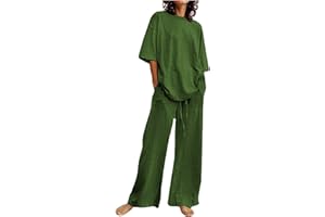 HAOLEI Set di Due Pezzi di Lino Casual Completo Casa Larghi Taglie Forti Curvy Tuta Elegante Camicia + Pantaloni Lino Completa Larghi Tuta Estiva Confortevole Due Pezzi Regalo per la Festa Della Mamma