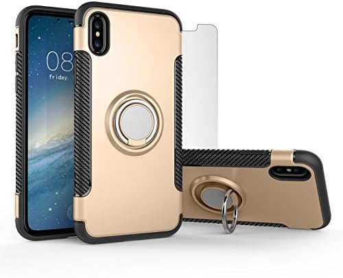 iPhone 10 / X - Protective Phone Case and Tempered Glass Screen Protector [Bundle] - Shock Absorption with Built-in 360 Degree Rotating Finger Ring Grip Holder and Stand - Magnetic Car Mount Compatible (2018 Q1) (Gold)