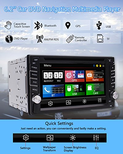 EinCar Doble 2 Din GPS para coche estéreo DVD reproductor de CD con ranura para tarjeta SD dual 6,2 pulgadas de pantalla táctil capacitiva de la ayuda FM RDS AM Radio AUX USB receptor de audio Bluetooth + teledirigido