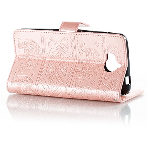 Cover Huawei Y5 2017, Custodia Huawei Y6 2017, CaseLover PU Pelle Libro Flip Portafoglio Goffratura Elefante Custodia per Huawei Nova Young / Huawei Y5 III Interno Silicone TPU Protettiva Caso con Porta Carte Chiusura Magnetica Supporto Funzione Appoggio Cuoio Protezione Copertura (5.0 Pollici) - Oro Rosa