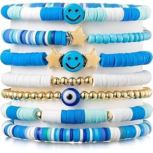 GRACIOUS MART 7pcs Beads Bracelet Colorful Beaded Stretch Handmade Friendship Bracelet Anklets Jewelry Preppy Happy Smile Evil Eye Stretch Clay Stackable for Women