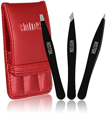 Eyebrow Tweezers Set, AMTOK Flat Pointed Slant Tip Tweezer Tool Stainless Steel Eyebrow Plucking Kit 3 Pcs