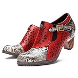 5 CM Heels crazycatz Damen Leder Pumps Bunte Schuhe Stiefeletten mit Absätzen Blumen Handgefertigte Vintage Patchwork (40 EU, ROT)