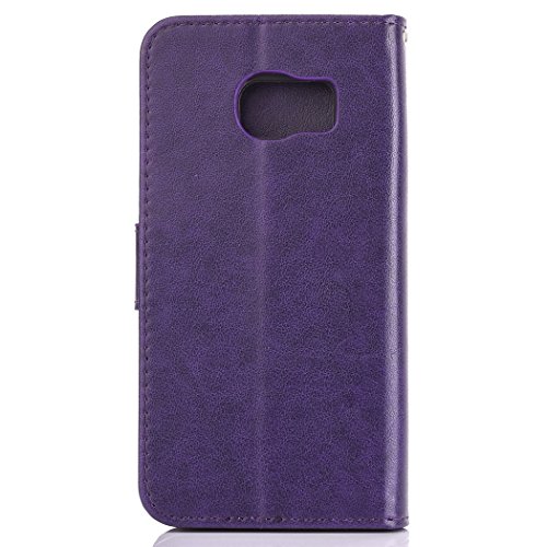 Etsue Leder Schutzhülle für Samsung Galaxy S7 Schmetterling PU Leder Tasche Case Hülle, Retro Vintage Dreamcatcher Campanula Prägung Ledertasche Butterfly Flip Case Wallet Brieftasche im Bookstyle Handytasche mit Standfunktion Karteneinschub und Magnetverschluß für Samsung Galaxy S7 + 1x Glitzer Staub Stecker + 1x Blau Eingabestift-Traumfänger Schmetterling,lila - 2