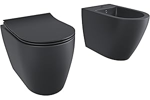 ARREDITALY Coppia Sanitari Filomuro Filo Muro Filo Parete Vaso WC E Bidet Design Moderno In Ceramica Con Copriwater Chiusura Soft Close Chiusura Rallentata (Nero Opaco)