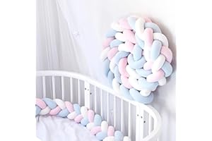 ‎BETTSCHLANGE Bettschlange Geflochten, Baby, Babybett Umrandungen, Kantenschutz Bettumrandung Knotenkissen, Seitenschläferkissen, Baumwolle Schlafkissen Kissen,Weiß + Blau + Rosa,100cm