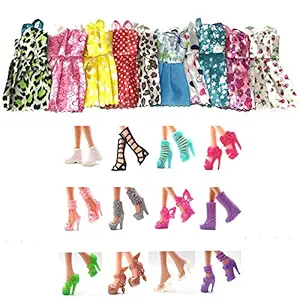 iDream Doll Accessories - 12-piece Cloth and Lace Doll Dress, 12 Pairs of Doll Shoes for Any Doll, Multicolor