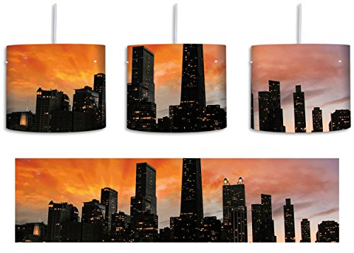 Preisvergleich Produktbild Wunderbare Chicago-Wolkenkratzer-Silhouette bei Sonnenuntergang inkl. Lampenfassung E27, Lampe mit Motivdruck, tolle Deckenlampe, Hängelampe, Pendelleuchte - Durchmesser 30cm - Dekoration mit Licht ideal für Wohnzimmer, Kinderzimmer, Schlafzimmer