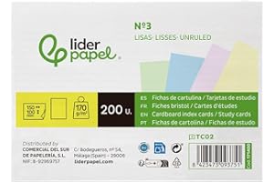 Tarjeta ficha liderpapel para estudiar lisa cartulina de colores 170 gr/m2 100x150mm paquete de 200 unidades.