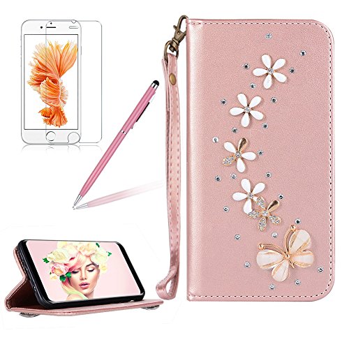 Preisvergleich Produktbild Girlyard für iPhone 5S Diamant Schmetterling Blumen Lederhülle, Bling Glitzer DIY Crystal Schutzhülle Luxus Premium PU Flip Case mit Lanyard Strap Standfunktion Kartenfach Magnetverschluss Etui für iPhone 5 5S SE
