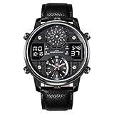 Gskj Herrenuhr Analoge Digitale Quarzuhr Bewegung Lederriemen Wasserdichtes großes Zifferblatt Leuchtend DREI Bewegungen Herren Business Casual Uhr,A