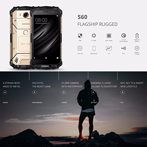 DOOGEE S60 - 5,2 Zoll FHD Wasserdicht / Shockproof / Staubdicht 4G Smartphone, 5580mAh Batterie 12V2A Schnelle Ladung (drahtlose Ladung unterstÃ¼tzt), Helio P25 2.5GHz Octa Core 6GB 64GB, 21.0MP Kamera NFC GPS Metallrahmen - Schwarz